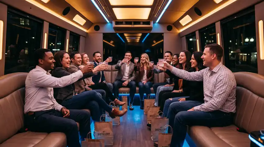 Guests enjoying a bourbon tour inside a private party bus in Kentucky