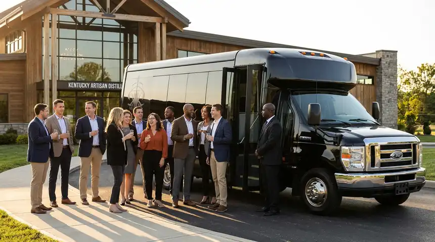 Private bourbon tour bus parked outside a Kentucky distillery