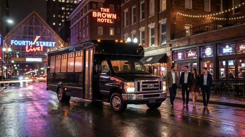 Private limo bus in downtown Louisville, Kentucky at night