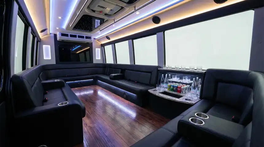 Empty luxury party bus interior for Kentucky bourbon tours