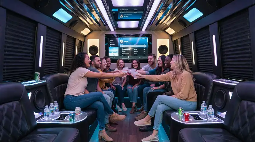 Group of clients enjoying the party bus interior on a Kentucky bourbon tour